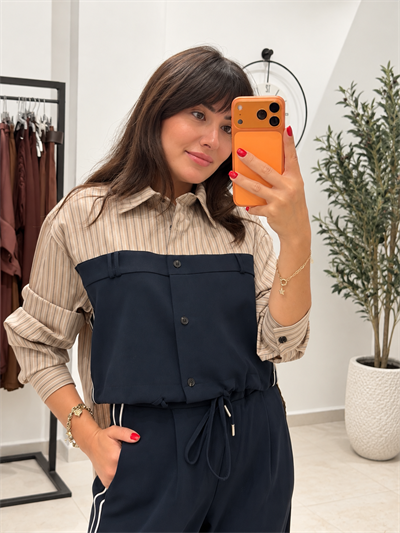 Çizgi Detaylı Gömlek Pantalon Takım - Lacivert