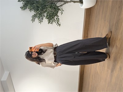 Ekose Kemerli Oversize Pantolon Kahve