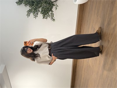 Ekose Kemerli Oversize Pantolon Kahve