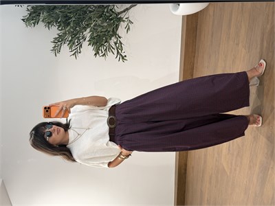 Ekose Oversize Kemerli Pantalon Bordo