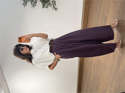 Ekose Oversize Kemerli Pantalon Bordo