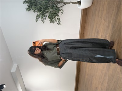 Ekose Oversize Kemerli Pantalon Haki