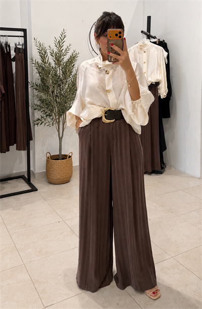 Kemerli Saten Çizgili Palazzo Pantalon-Kahve