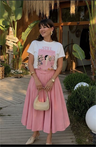 Poplin Midi Boy Etek Bel Lastikli -Pembe