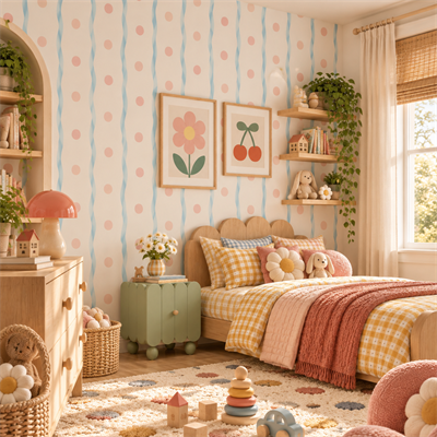 Açık Mavi Dalgalı Çizgiler ve Pastel Pembe Puantiyeler Çocuk Odası Poster Duvar Kağıdı