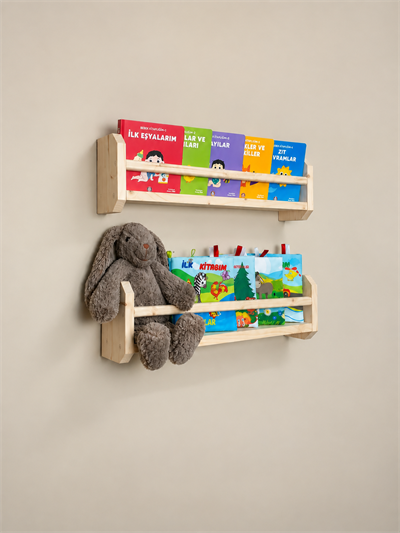 Montessori Tarzı 2 Katlı Doğal Ahşap Çocuk Raf