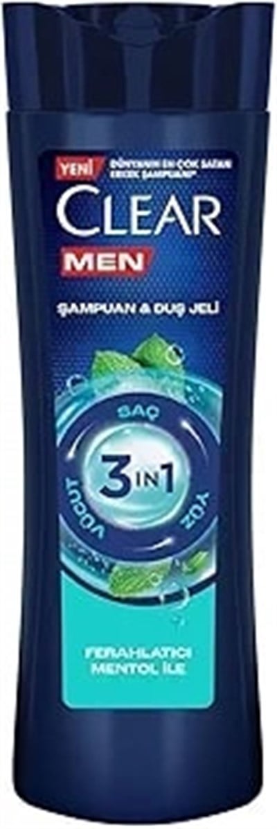 Clear Men 3 in 1 Şampuan & Duş Jeli Ferahlatıcı Mentol Saç Yüz Vücut İçin 350 ml