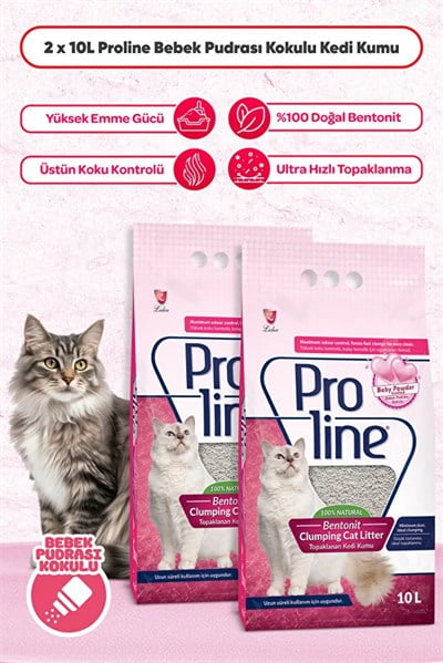 Proline Bebek Pudralı Kalın 2x10 lt Topaklanan Bentonit Kedi Kumu