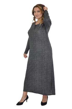 Kadın Büyük Beden Elbise Uzun Kollu Füme Puanlı Desenli 