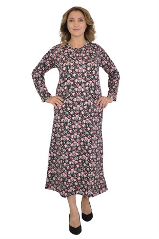 Kadın Büyük Beden Elbise Uzun Kollu Pembe Çiçek Desenli 