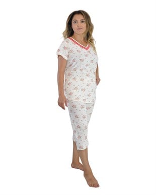 Kadın Büyük Beden Pijama Takımı Beyaz Renkli Pembe Fiyonklu