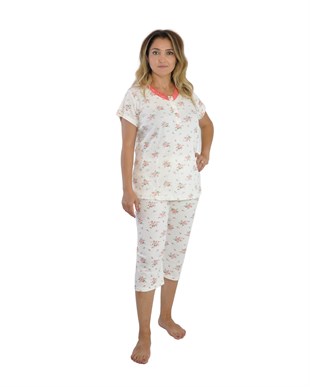 Kadın Büyük Beden Pijama Takımı Beyaz Renkli Dantelli Düğmeli