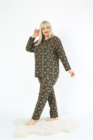 Kadın Büyük Beden Pijama Takımı Çiçek Desenli