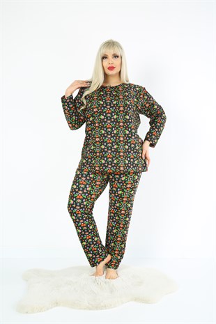 Kadın Büyük Beden Pijama Takımı Çiçek Desenli