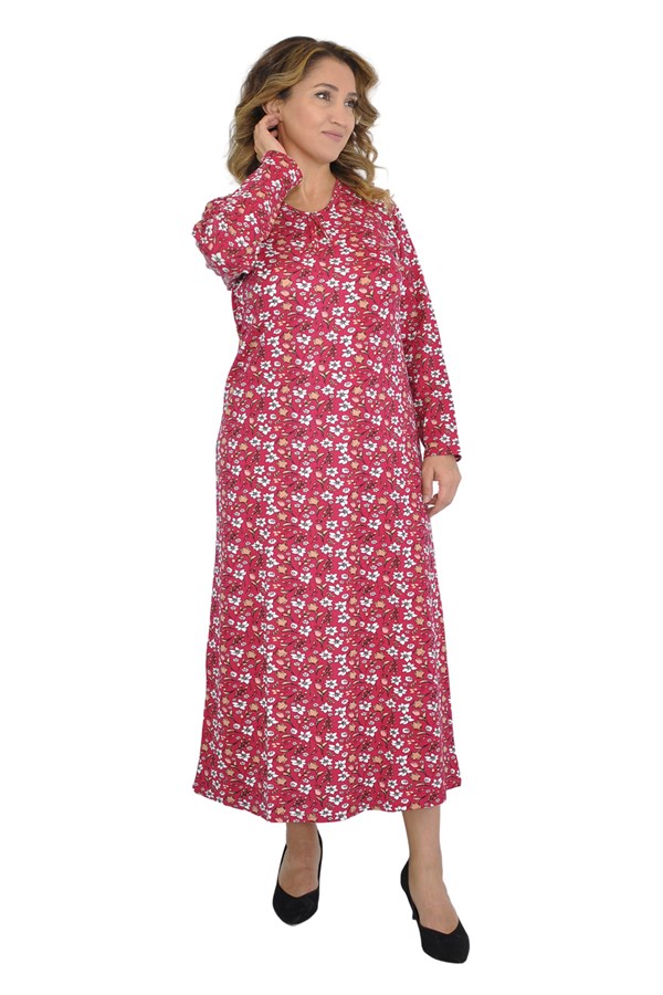 Kadın Büyük Beden Elbise Uzun Kollu Kırmızı Çiçek Desenli 