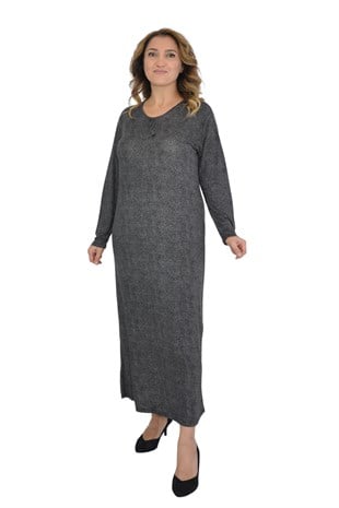 Kadın Büyük Beden Elbise Uzun Kollu Füme Puanlı Desenli 