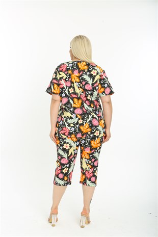 Kadın Büyük Beden Pijama Takımı Renkli Çiçekli