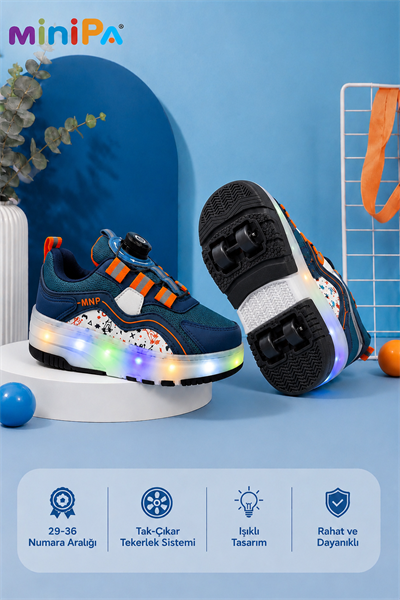 Mira 4 Tekerlekli Patenli Işıklı Spor & Paten Dönüşümlü Çocuk Ayakkabısı / İndigo - Orange