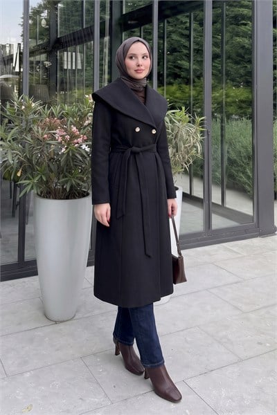 Çift Düğmeli Şal Yaka Kaşe Kaban - SİYAH