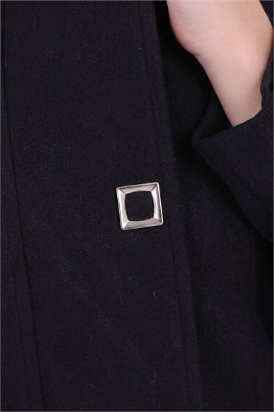 Çıt Çıt Düğmeli Uzun Kaşe Kaban - SİYAH