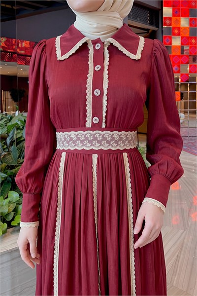 Dantel Detaylı Elbise - BORDO