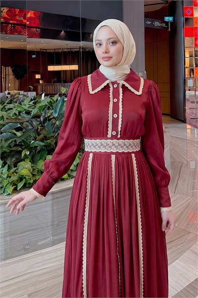 Dantel Detaylı Elbise - BORDO