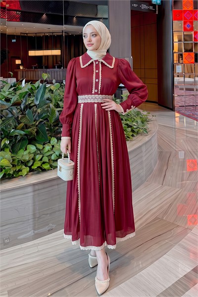 Dantel Detaylı Elbise - BORDO