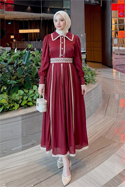Dantel Detaylı Elbise - BORDO