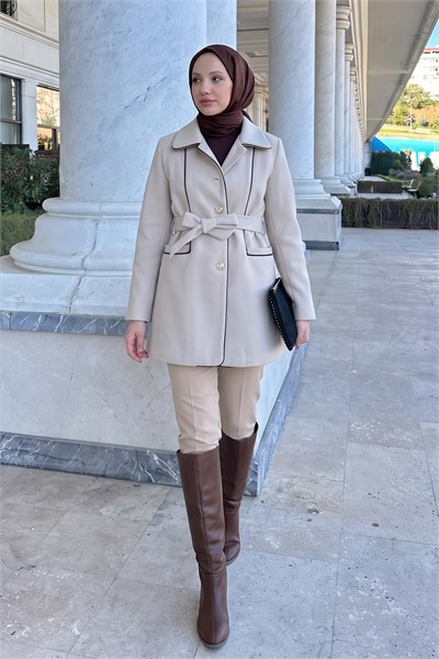 Dikey Cepli Kaşe Kaban - AÇIK BEJ