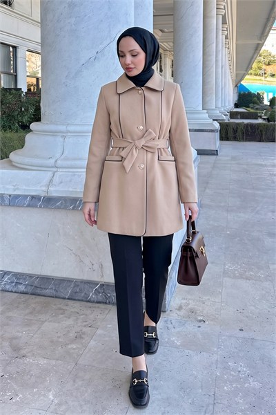 Dikey Cepli Kaşe Kaban - BEJ