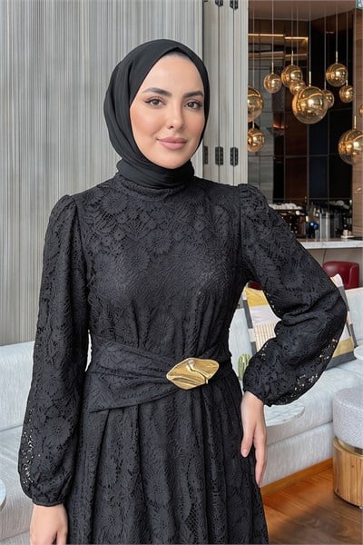 Full Dantel Abiye Elbise - SİYAH