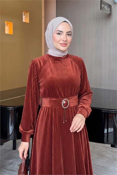 Reglan Kol Kadife Elbise - KİREMİT