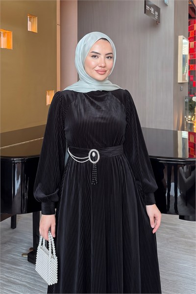 Reglan Kol Kadife Elbise - SİYAH