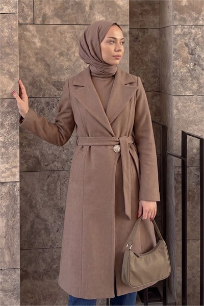Tasarım Düğmeli Kaşe Kaban - CAMEL