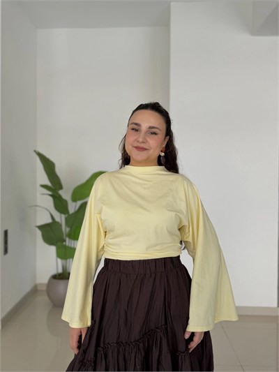 DRAPELİ YARASA KOLLU PAMUKLU BLUZ - SARI