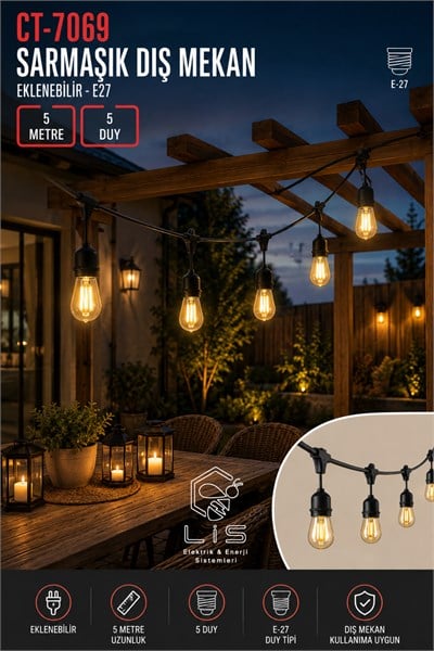 CT-7069 5 Metre 5'li E27 Duylu Su Geçirmez Bahçe ve Balkon Dekoratif Aydınlatma Sarkıt Kablosu