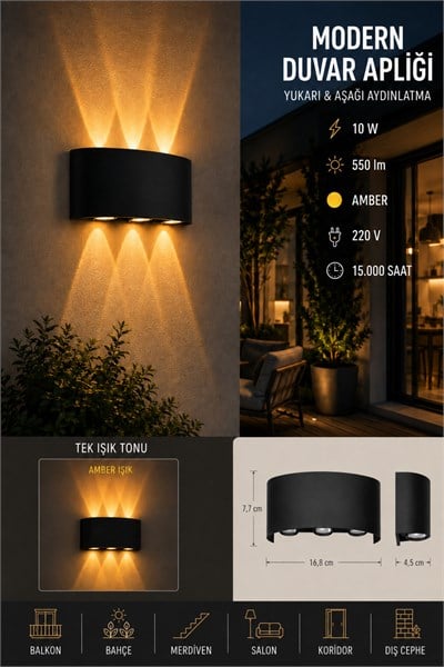 CT-8011 Amber Renk Dekoratif Çift Yönlü İç Dış Mekan Duvar Aydınlatma Led Aplik
