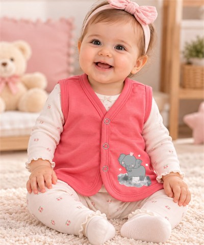 SEVİMLİ FİL BASKILI BEBEK YELEĞİ – %100 PAMUK PENYE