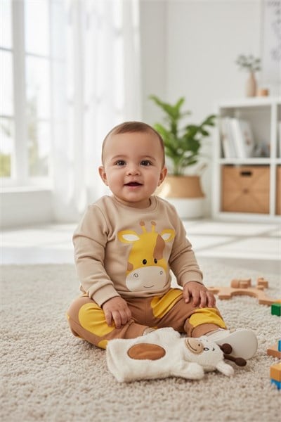 ZÜRAFA DESENLİ 3 PARÇA BEBEK TAKIMI ALT ÜST KUKLA