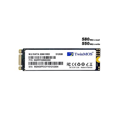 TWINMOS 512GB 580/550MB/s 4mm M.2 2280 SATA 3.0 SSD NGFFFGBM2280 3D-NAND