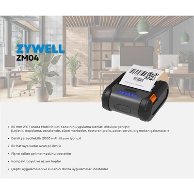ZYWELL ZM04 THERMAL USB+BT MOBİL BARKOD YAZICI 100MM/s / 80MM