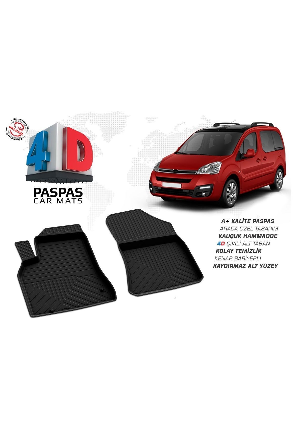 Citroen Berlingo 2 Ön 2 Parça Ferrous 4D Havuzlu Kauçuk Paspas 2008 2019
