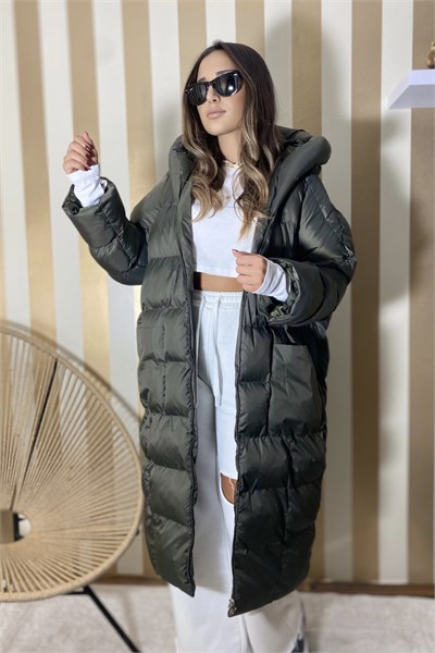 Kadın Haki Kapüşonlu Şişme Uzun Oversize Mont
