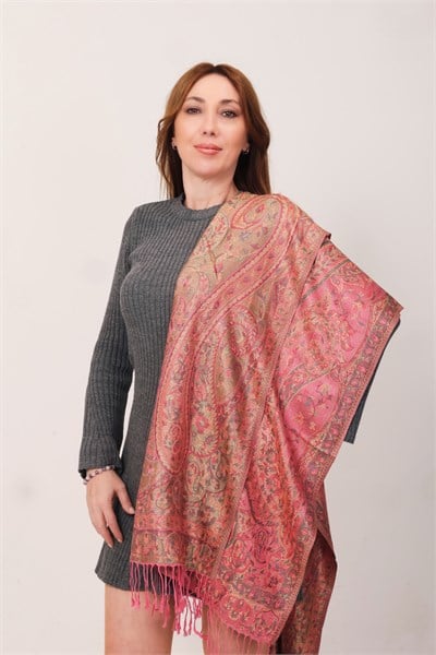 Shawl %100 İpek Çift Taraflı Somon Dore Multi Şal (70x190 cm)
