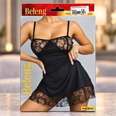 Beleng 6040 Siyah Dantel Detaylı Saten Fantezi Gecelik