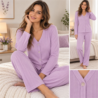 Pijamacızade Kadın Önden Düğmeli Uzun Kollu Pijama Takımı – Lila