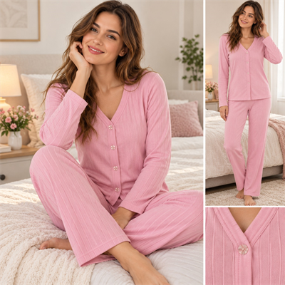 Pijamacızade Kadın Önden Düğmeli Uzun Kollu Pijama Takımı – Pembe