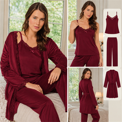 Pijamoni 5545-3 Kadın Fransız Kadife Dantel Detaylı 3'lü Pijama Takımı – Bordo