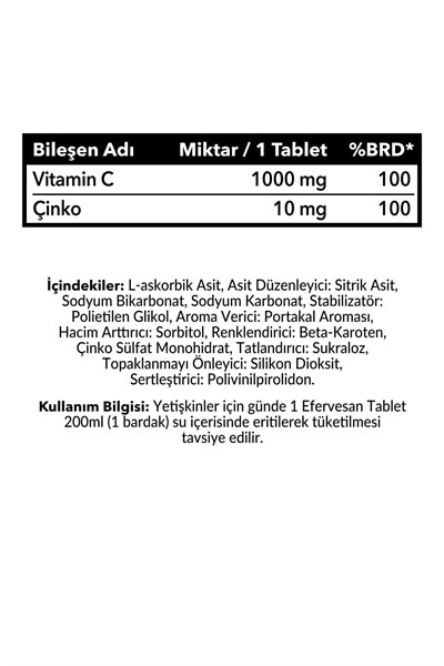 C Vitamini 1000 mg Çinko 10 Mg 20 Tablet Efervasan