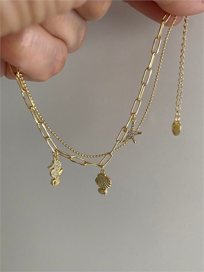 Altın Kaplama Deniz Charm İkili İnce Zincir Bileklik (17cm+ek)